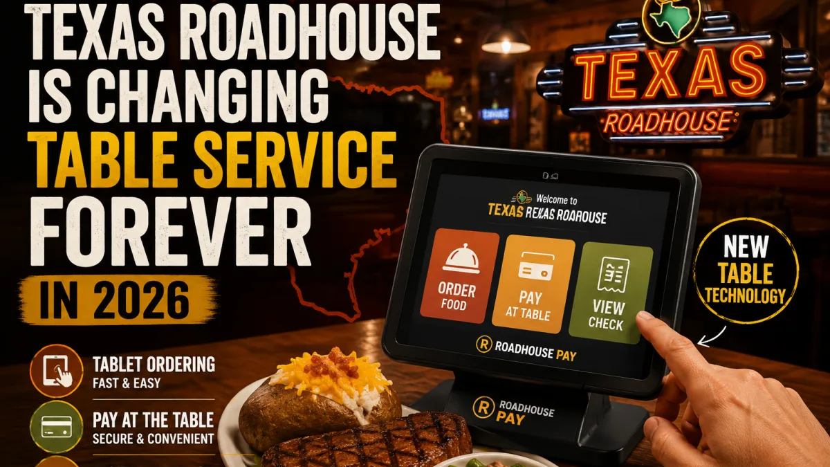 Restaurant dining setting with digital payment technology representing Texas Roadhouse table service upgrade with Roadhouse Pay and digital kitchen displays 2026